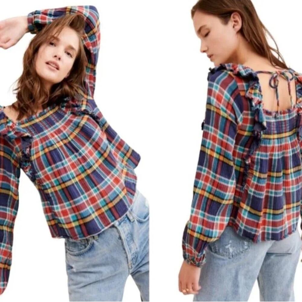 Free People Siena Plaid‎ Pullover Ruffle Long Sleeve Top Red/Navy/Yellow XS/S